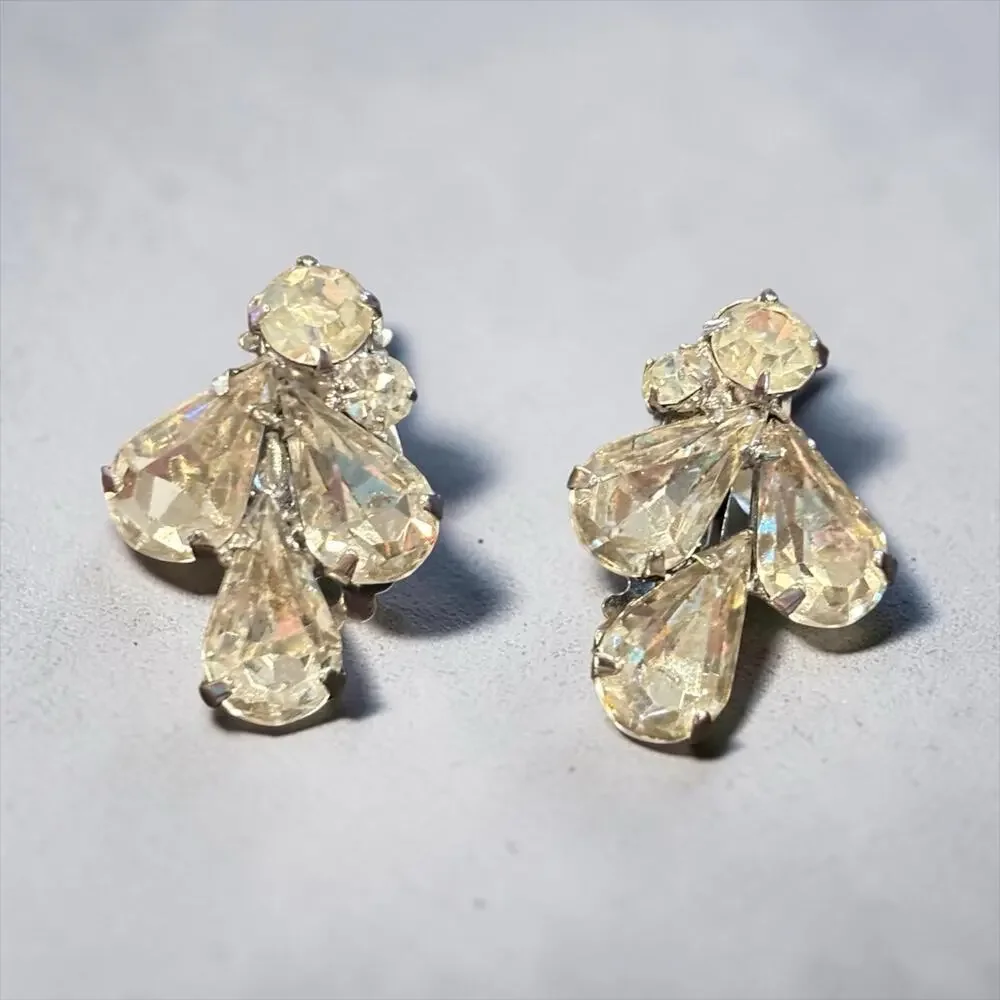 Weiss Crystal Rhinestone Earrings Ice Queen Glam Teardrop Bridal Clip On